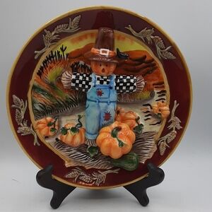 Decorative Fall Thanksgiving 8 Inch Hanging Wall Plate Pumpkin Scarecrow Farm